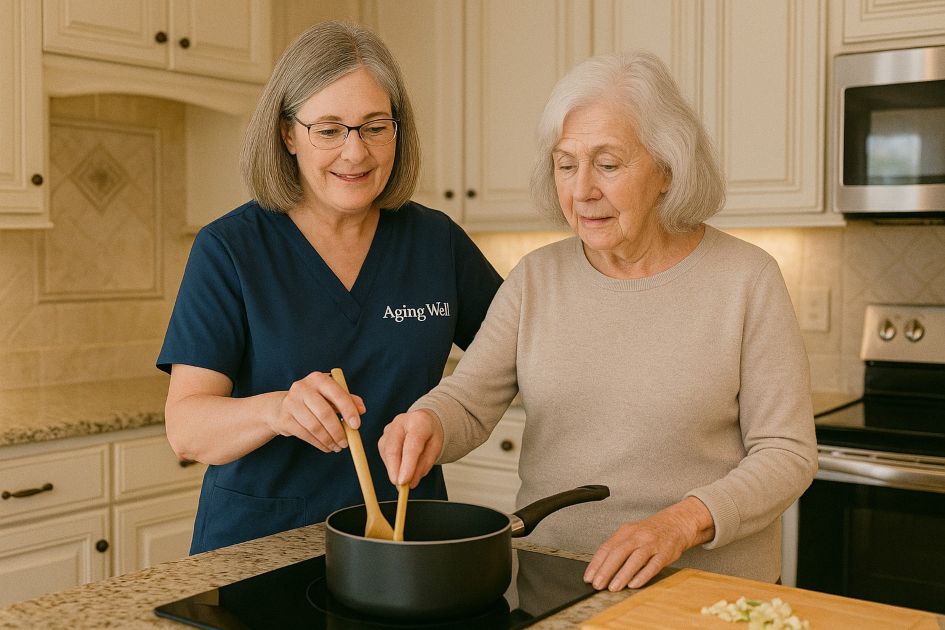 Caregiver providing meal and mobility support